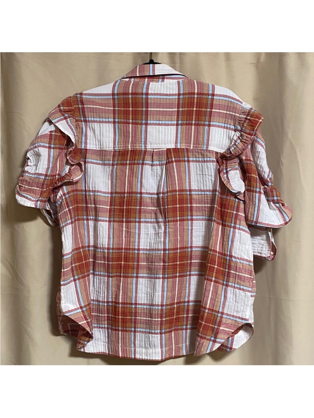 Anthropologie Rust and White Plaid Ruffle-Sleeve Button Down - Picture 5 of 8